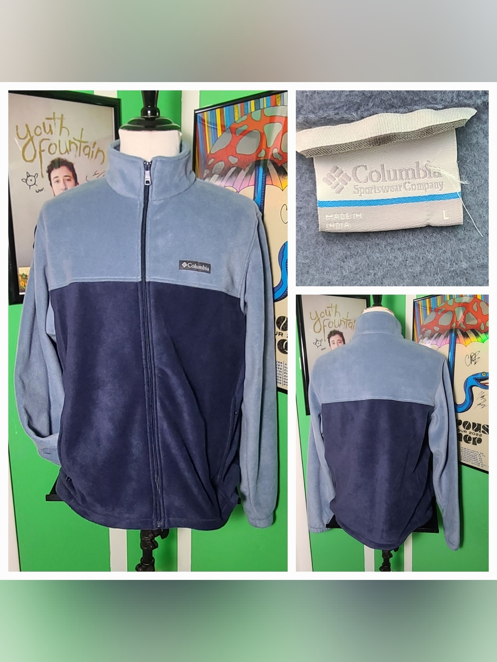 Columbia Fleece Jacket Men’s Large Blue Colorblock Full Zip Outdoor Lightweight